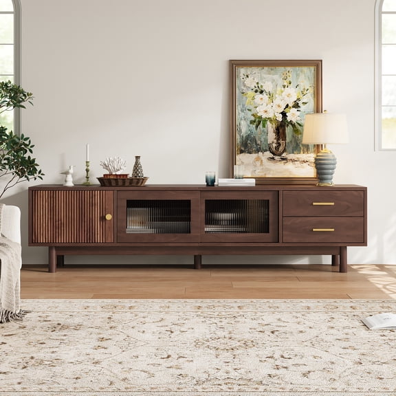 TV Stand for TVs up to 80 Inch, Entertainment Center with Glass Sliding Doors & 2 Drawers, Mid-Century Modern Media Console for Living Room