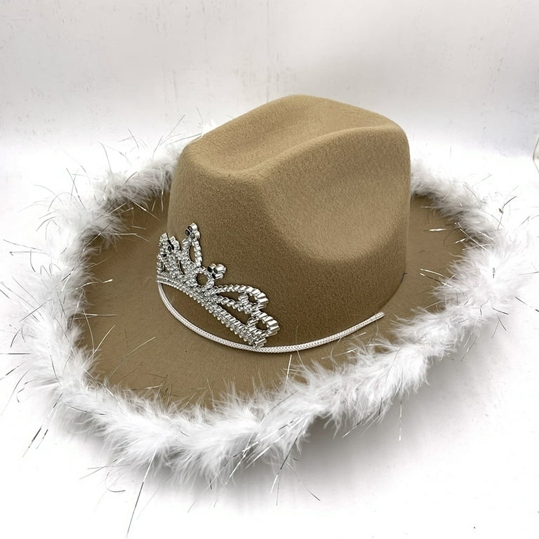 Playo Beige Light Up Cowboy Hat with Blinking Tiara - Rodeo Cowgirl Dress Up Hat with Feather Boa Trim, Women's, Size: One Size