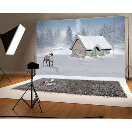 HelloDecor Polyester Fabric Winter Backdrop 7x5ft Photography Backdrop Christmas Cottage Chimney Reindeer Snowscape Pine Forests Children Baby Kids Photos Video Studio Props