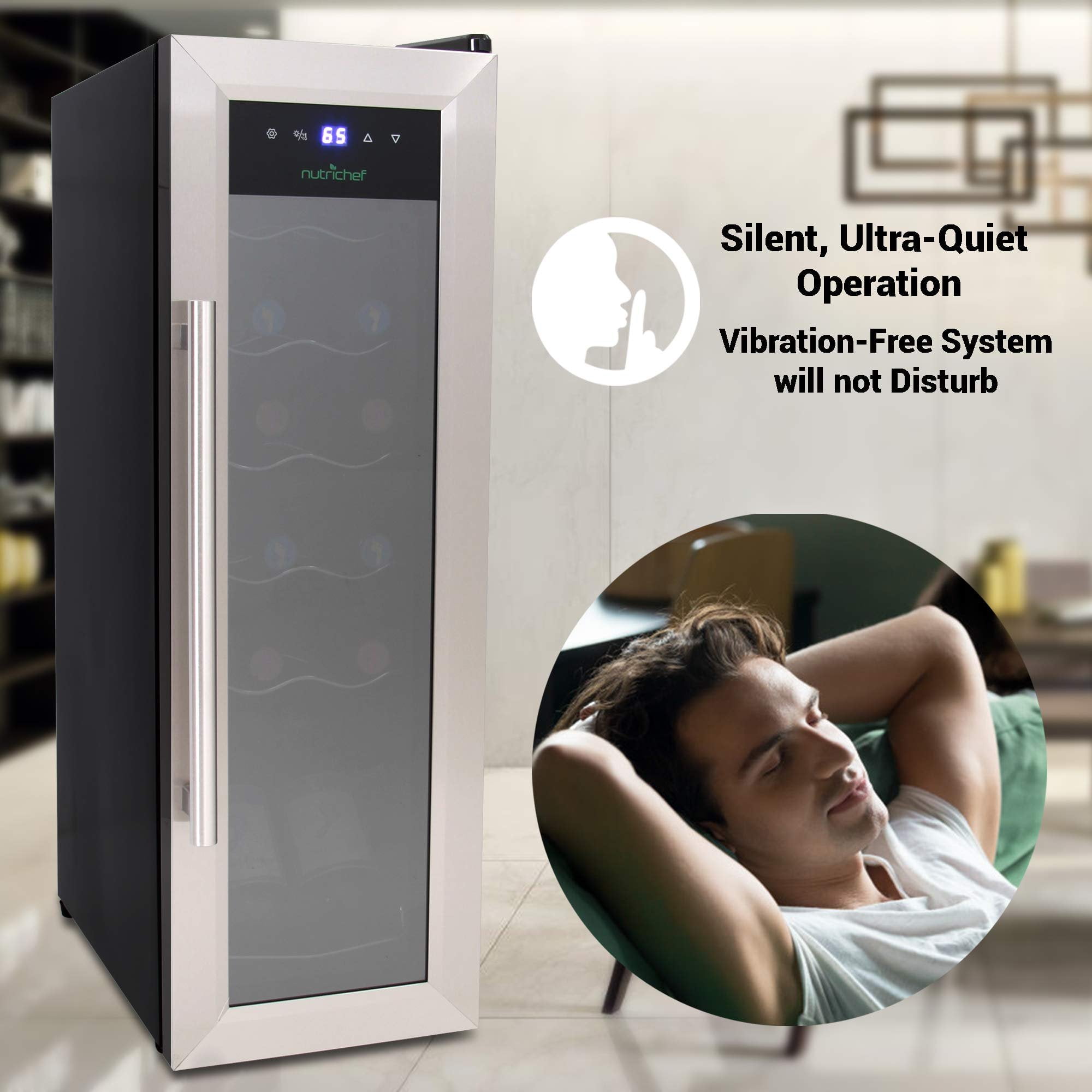NutriChef PKCWC12 12 Bottle Cooler Refrigerator White and Red Countertop Chiller W/ Digital Control