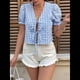 thumbnail image 5 of Blusa de Verano con Cuello en V, Mangas Abullonadas y Puños Elásticos para Mujer Azul M, 5 of 10