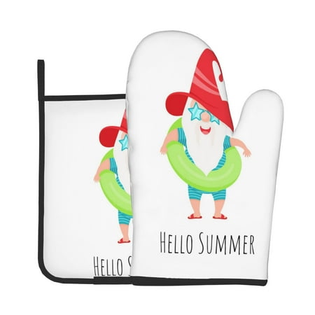 

Easygdp Hello Summer Gnome 2 Oven Mitts and Pot Holders 2 pcs Set High Heat Resistant Kitchen Oven Glove for Baking and Cooking