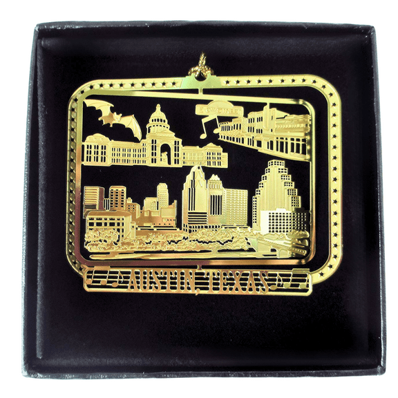 Austin Texas Brass Ornament Black Leatherette Gift Box