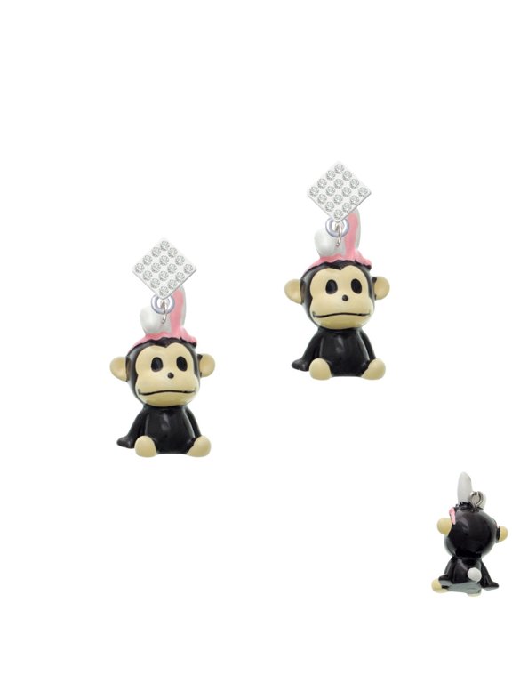 Resin Monkey with Bunny Ears White Clear Crystal Diamond-Shape Earrings