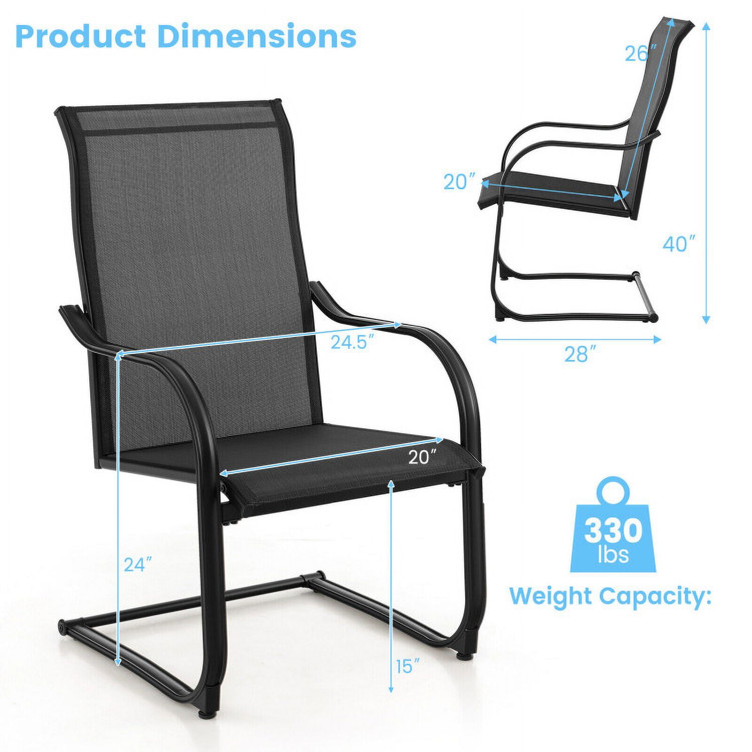 Aimee Lii 2 Pieces C-Spring Motion Patio Dining Chairs with Breathable Fabric, Outdoor Patio Set, Black