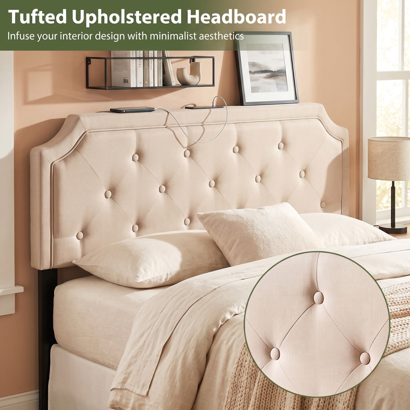 Furnibear Tufted Upholstered Headboard with Piped Trim and 2 AC Outlets and USB and Type-C Ports for Full and Queen Beds, Beige
