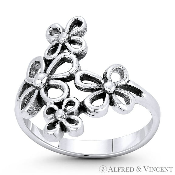 Daisy Flower Cluster Wide-Span Charm Right-Hand Boho Statement Ring in Oxidized .925 Sterling Silver