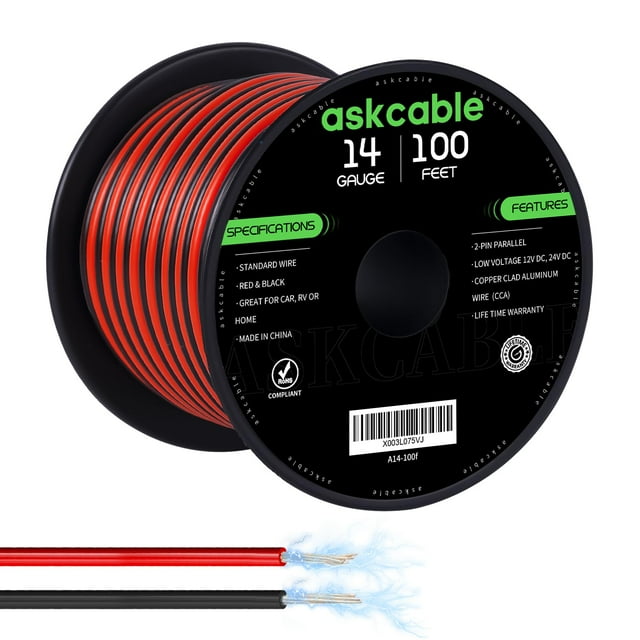 Cable eléctrico de 14 AWG, 100 pies/30 m, 2 conductores, rojo y negro