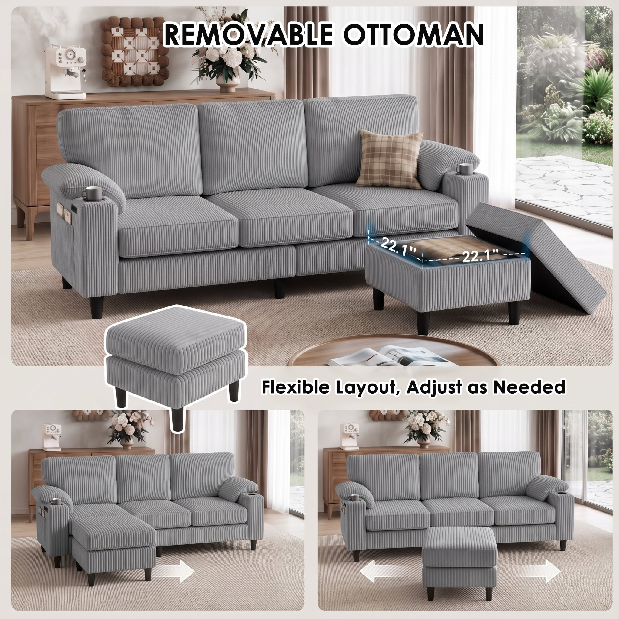 Anpport 80" L‑Shaped Corduroy Sectional Sofa, 3‑Seater Couch with Storage Ottoman, USB Port & Cup Holders for Small Spaces, Light Gray