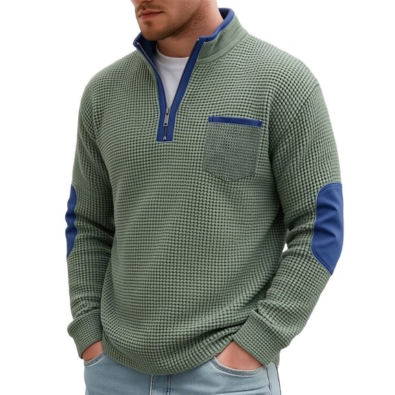 TOUMENY Men Sweater Zip Mock Neck Long Sleeve Casual Pullover Fall Winter Loose Solid Knit Tops Army Green L