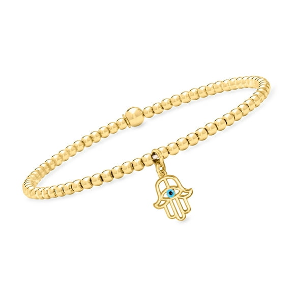 Pure Collection by Ross-Simons Italian 3mm 18kt Gold Vermeil Bead Stretch Bracelet With Enamel Hamsa Charm, Women's, Adult