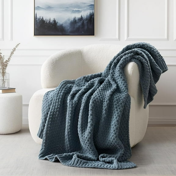 EVERGRACE Chunky Chenille Knit Throw Blanket for Couch, Soft Luxurious Moss Stitch Blankets for Bed, Cozy Decorative Farmhouse Knitted Throws for Sofa, Stormy Blue, 60" x 80"