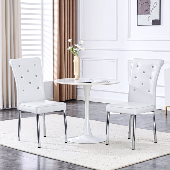 TesNus Modern Glam Dining Chairs Set of 2, White Faux Leather with Crystal-Tufted High Back, Croc Texture, Chrome Metal Legs, Wipe-Clean, Wobble-Free When Leveled, Easy Assembly