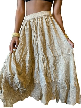 Mogul Women Maxi Skirt, Boho Skirt, Soft Beige Embroidered Skirt, Bohemian Summer Hi Low Skirt, Festival Fashion Skirt M