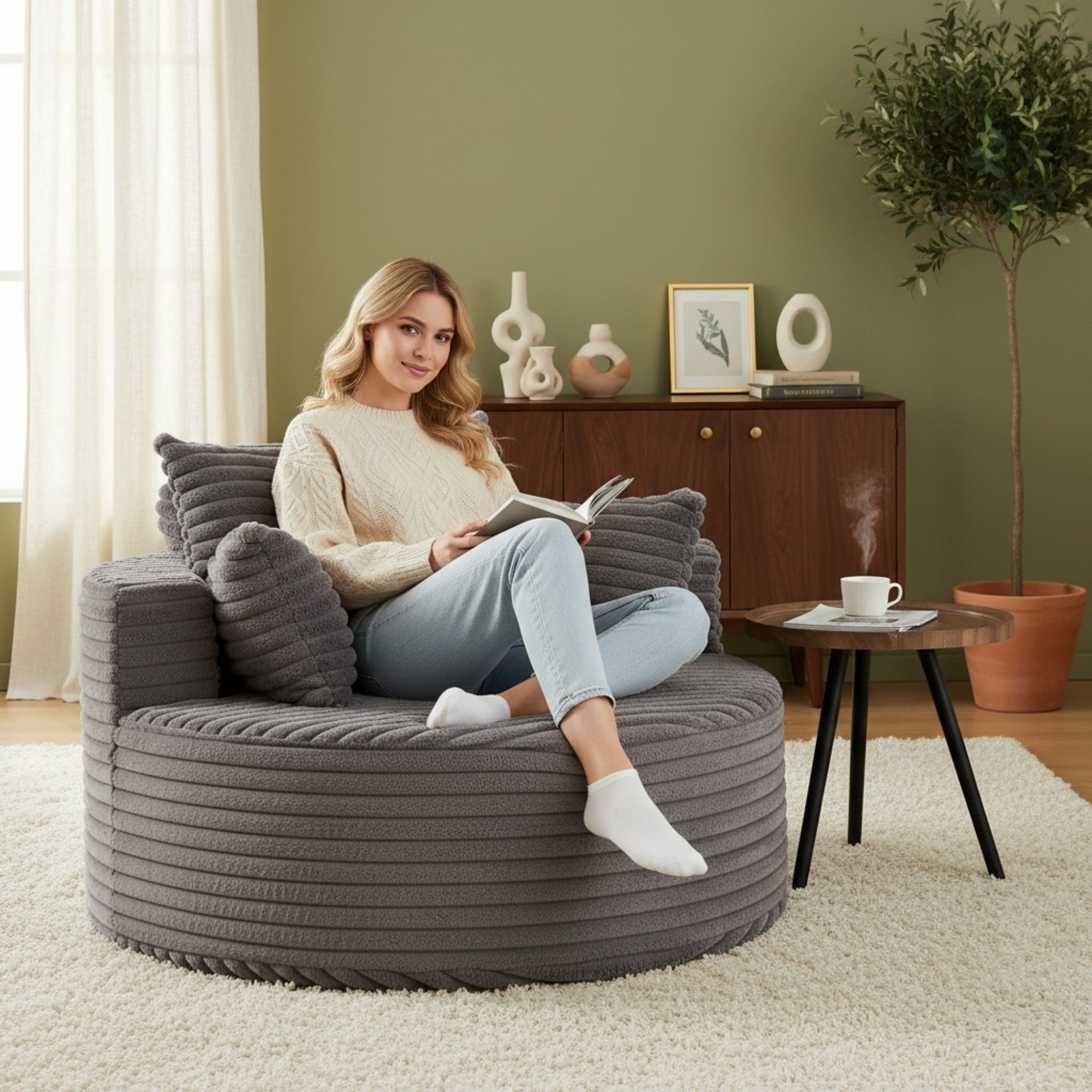 Sailvan 50" Corduroy Single Sofa, No Assembly Modern Sleeper Chair, Fluffy Cloud Lounge Recliner for Living Room and Bedroom, Grey Grey