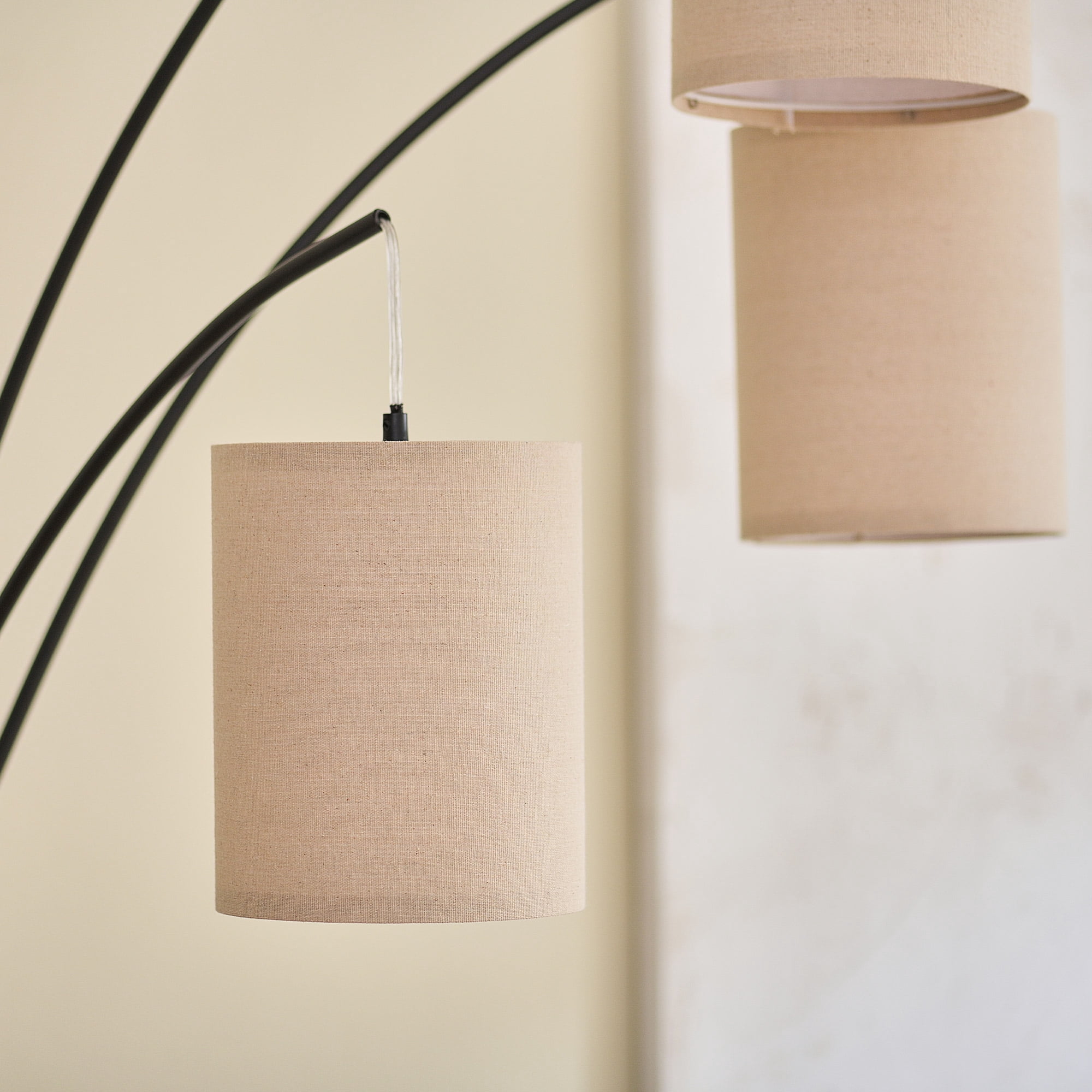 7ft Modern Arched Tree Lamp w Hanging Drum Shades Long Cord Weighted Metal Base