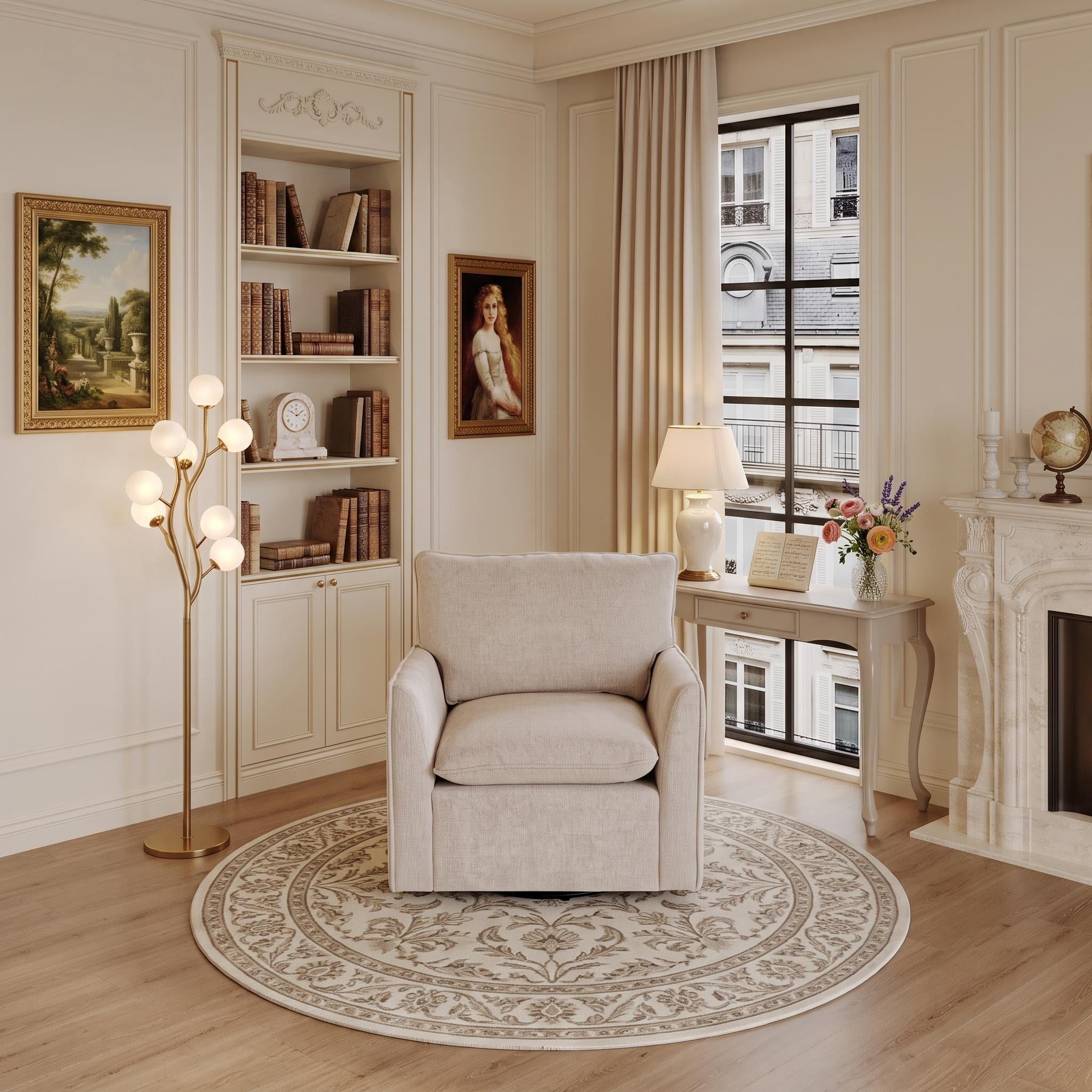 PORKISS 360° Swivel Accent Chair, Chenille Upholstered Bedroom Chair with Thick Cushion & Metal Base, Modern Reading Armchair for Living Room/Bedroom, Beige