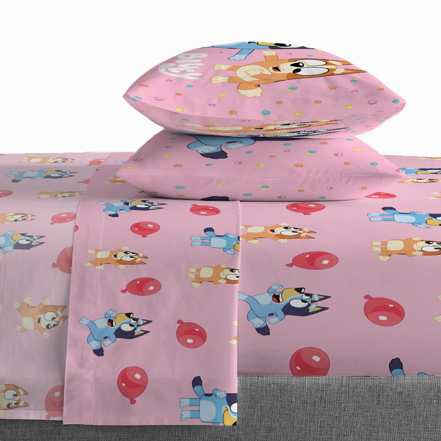 Bluey 'Balloon Party' Kids 4-Piece Full Sheet Set, 100% Polyester, Pink