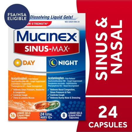 Mucinex Sinus-Max Day & Night Multi-Symptom Sinus Relief Medicine, 24 Liquid Gels, Combo Pack,