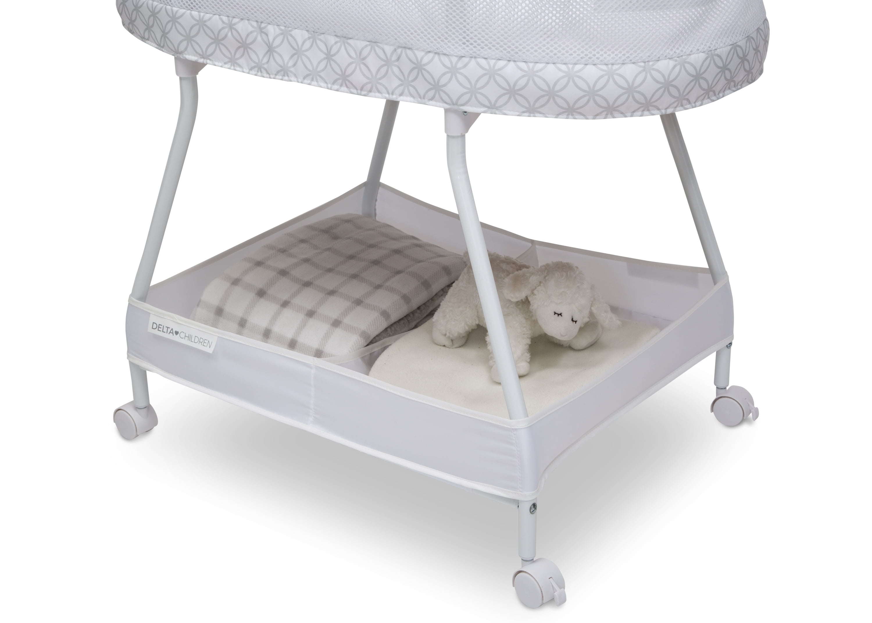 Delta Children Sweet Dreams Bassinet with Airflow Mesh - Bedside Portable Crib with Vibration, Lights and Music, Grey Infinity