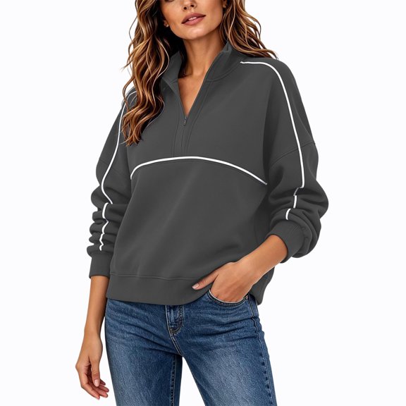 IUYRTFE Women's Quarter Zip V-Neck Pullover Sweatshirt Long Sleeve Loose Fit Athletic Top