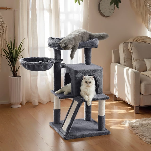 Árbol para Gatos Pequeños, con Plataforma Extendida, Poste Rascador y Barandilla, Gris Oscuro