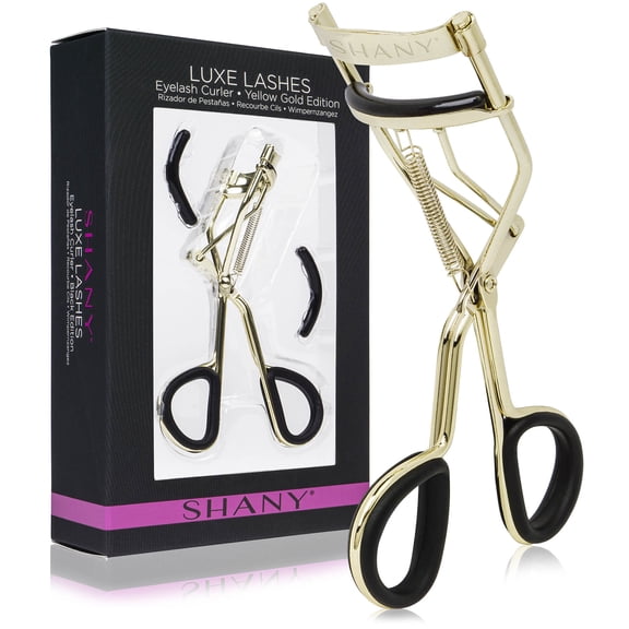 SHANY Luxe Lashes Eyelash Curler - Professional Makeup Tool With Two Silicone Replacement Pads, Gentle Curl, Crease-Free, No Pinching Or Pulling, Lightweight Design For Easy Travel - GOLD