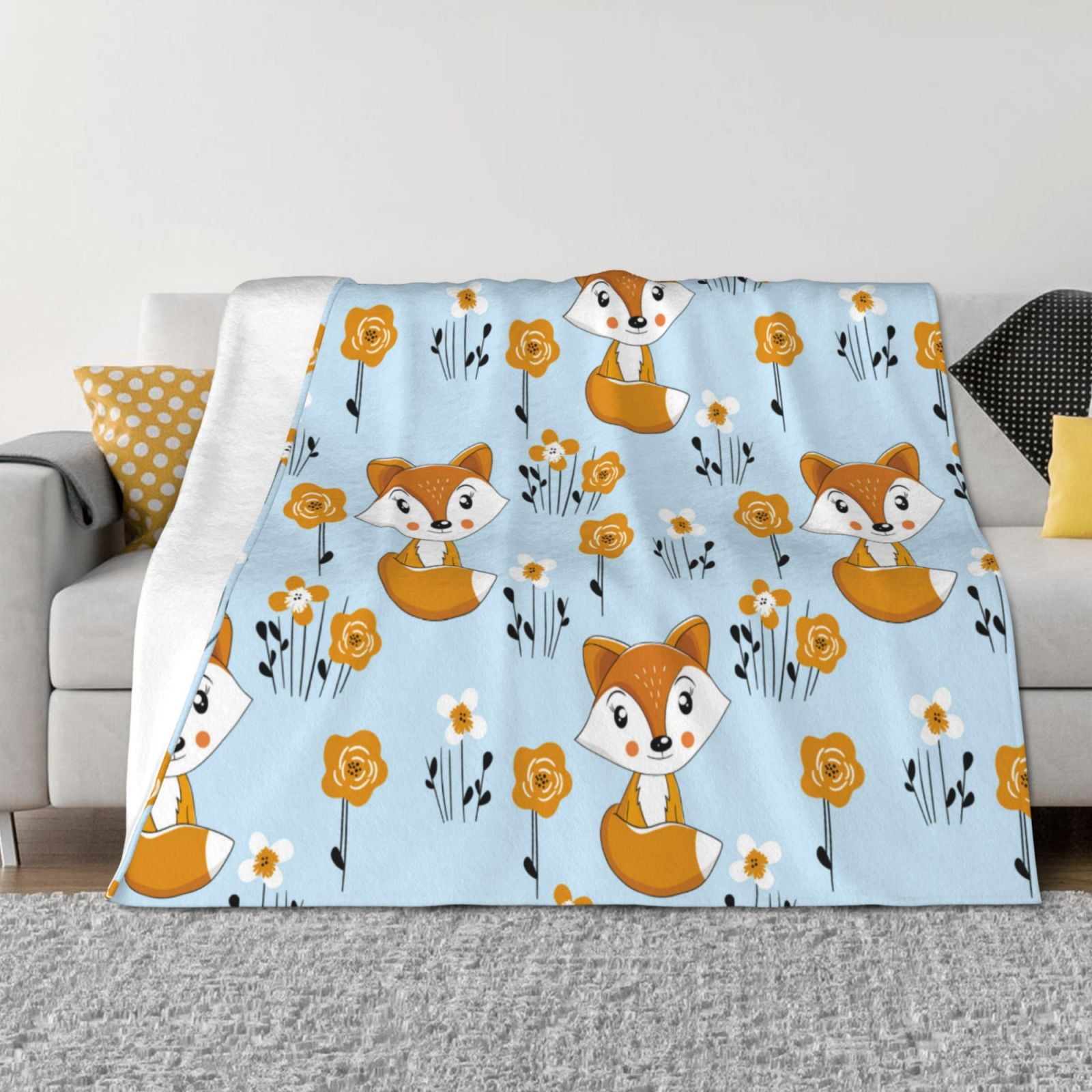 Throw Blanket for Couch, Cartoon Flower Fox Blue Super Soft Fuzzy