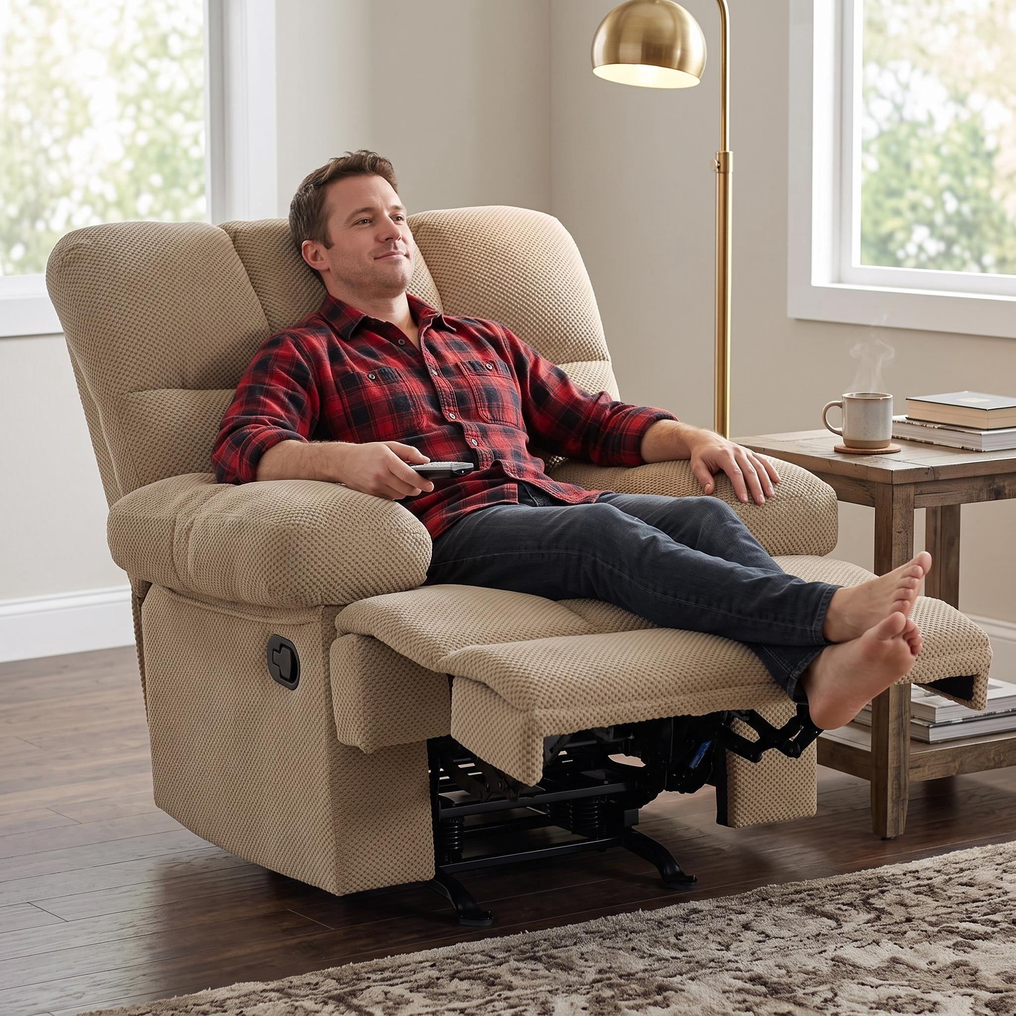 Homy Casa Overstuffed Rocking Recliner, Manual Fabric Chair with Footrest for Living Room, Beige