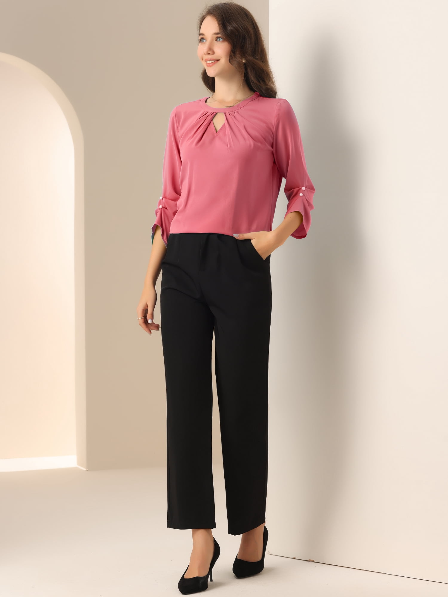 DARING DIVA Round Neck Keyhole Pleated Shirred Work Top XL Dark Pink