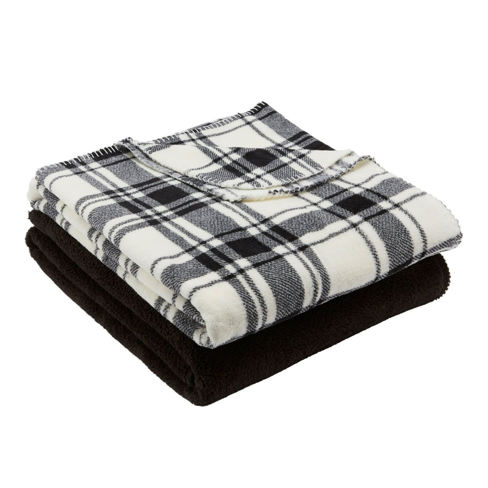 Mainstays Fleece Plush Throw Blanket 50" x 60", Set of 2, Black Solid