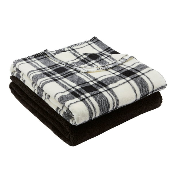 Mainstays Fleece Plush Throw Blanket 50 X 60 Set Of 2 Black Solid Black And White Plaid Walmart Com Walmart Com