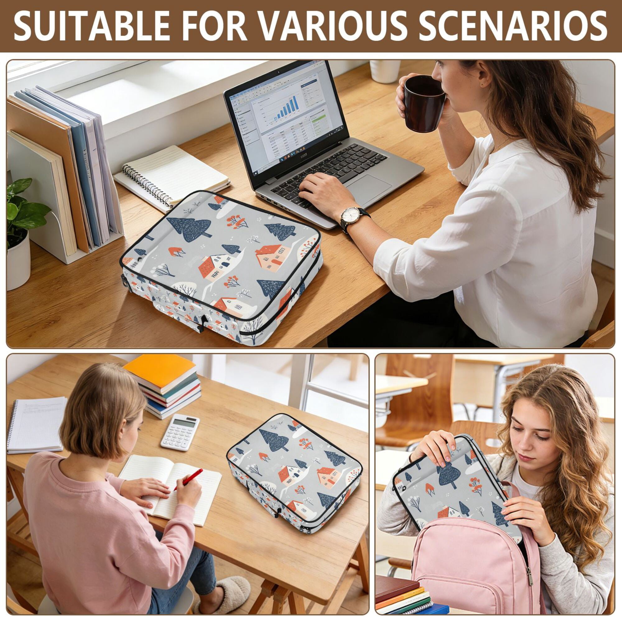 FORMRS Accordion File Folder A4 Size 7-Pocket Expanding Document Organizer Bag with 3 Ring Binder, Gray Cartoon Houses