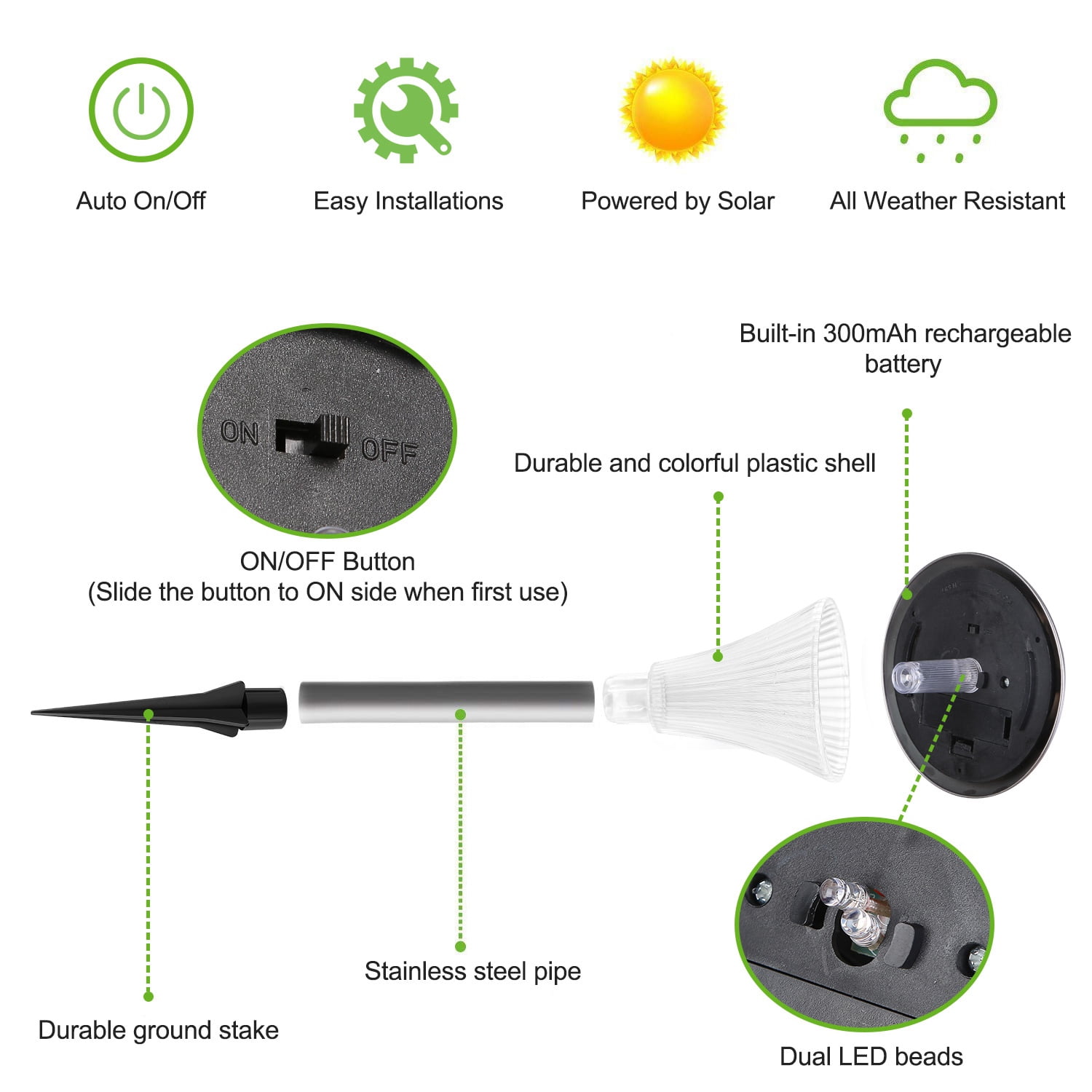 4PCS Solar Powered Color Changing Path Lights, IP44 Waterproof Auto Dusk‑to‑Dawn LED Lights for Garden, Yard, Driveway and Patio Decoration