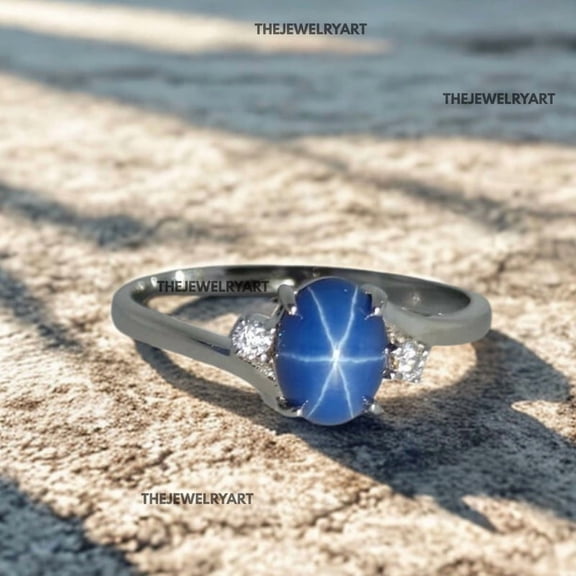 thejewelryart 6-Rays Star Oval Blue Sapphire Ring 6×8 mm Oval Cut Gemstone 925 Sterling Silver Wedding Ring Handmade Jewelry Gift Silver 3
