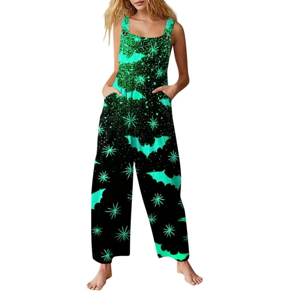 Women's Halloween Costume Jumpsuit Loose Fit Wide Leg Romper Overalls with Pockets, Happy Halloween Fall Harvest Festival Party Outfit 2XL