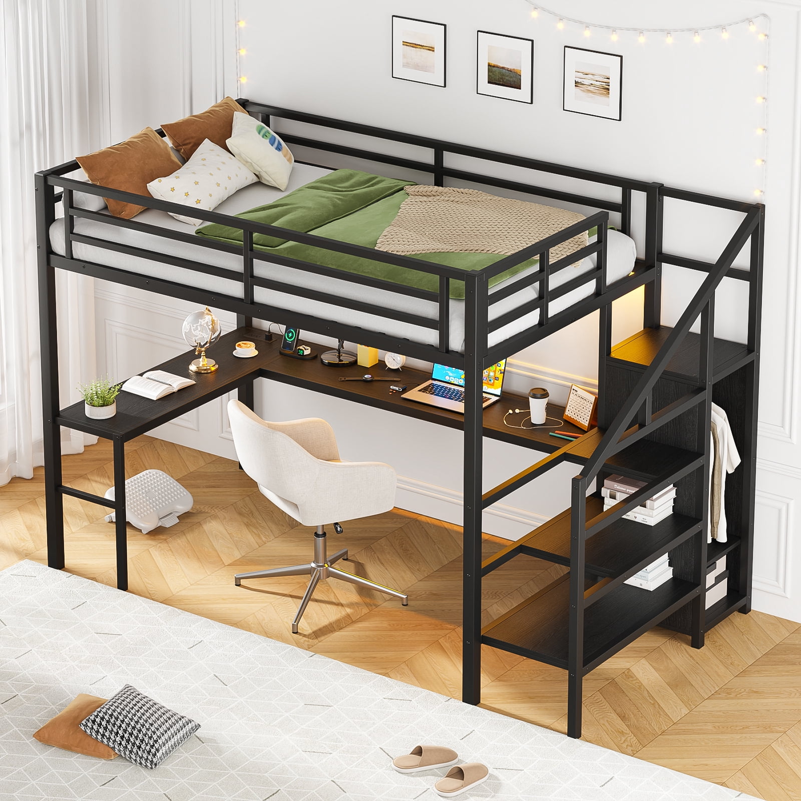 Mintazer Full Size Power Outlet Metal Loft Bed with L-Shaped Desk & Wardrobe, Heavy Duty Loft Bed Frame with Adjustable Shelf and LED Light for Kids Teens, Black