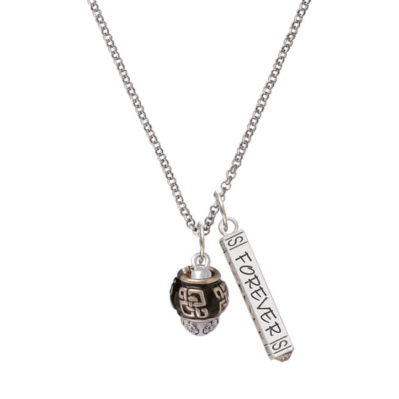 Delight Jewelry Silvertone Chinese Pattern on Black Spinners Silvertone Forever Bar Charm Necklace, 23"