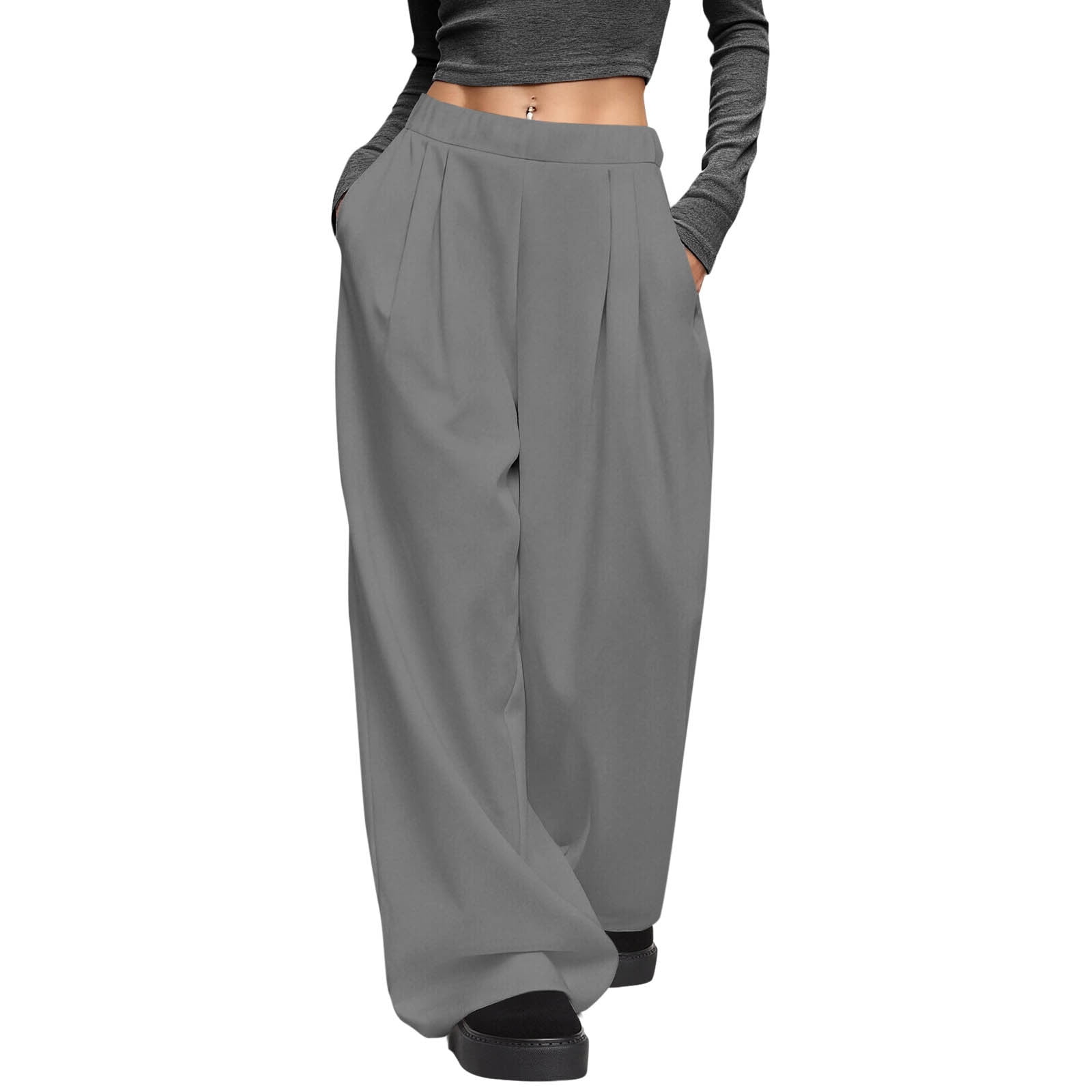 Women's Wide-Leg Pants Casual Loose Solid Color Pleated Stretch