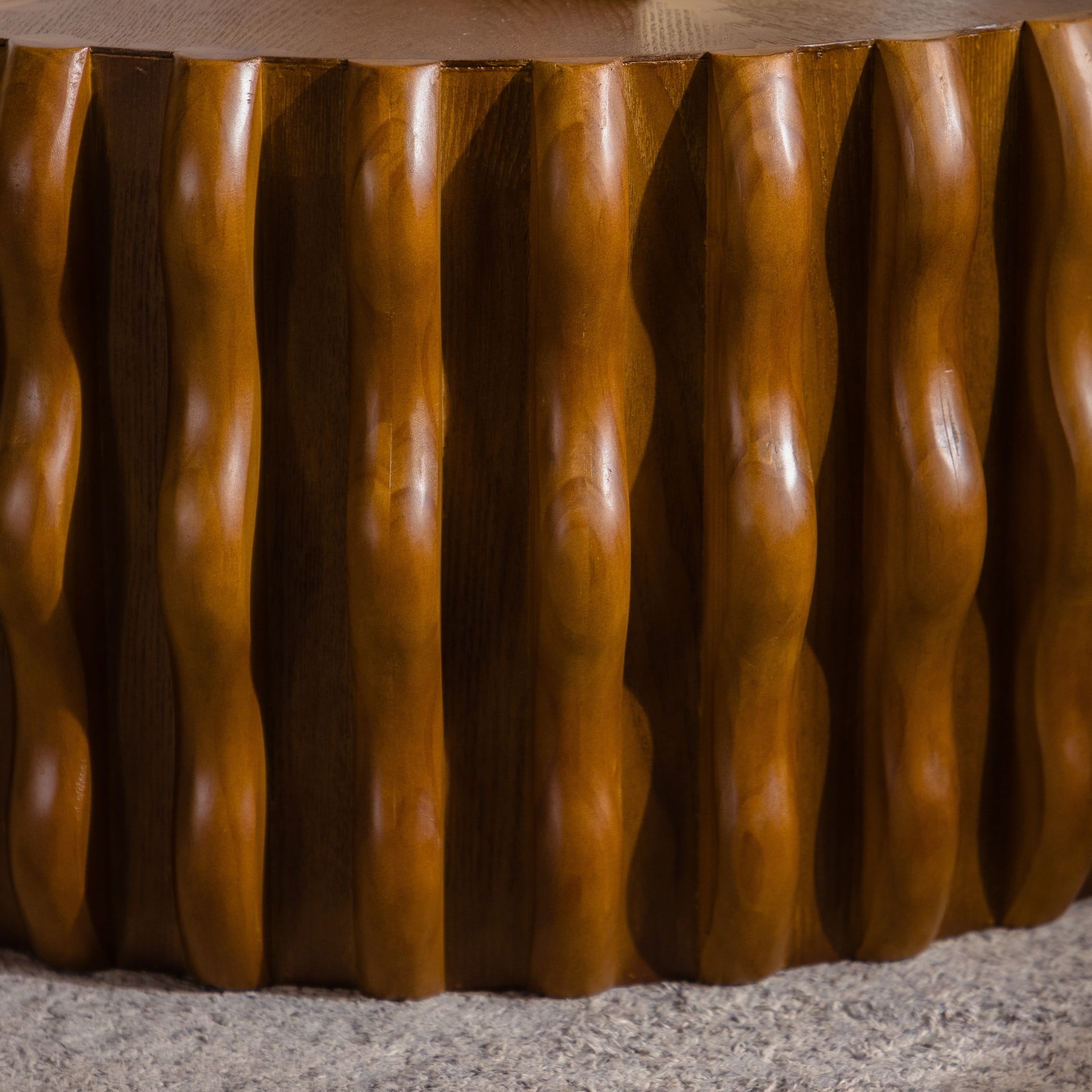 Noble House Cole 38.58" Ribbed Wave Round Coffee Table, Wooden Fluted Drum Center Table, Sturdy Pedestal, Walnut