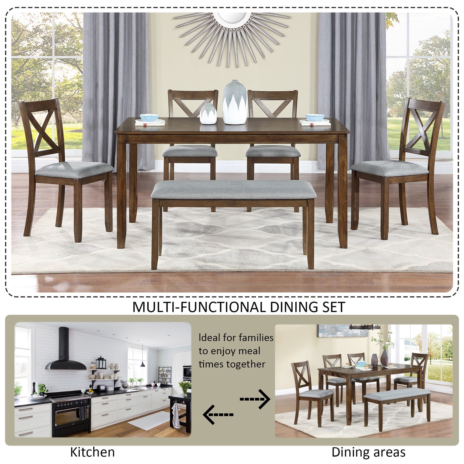 UHOMEPRO 6 Piece Dining Table Set with Bench and Chairs, Dining Table Set for 6, Rectangular Wooden Dining Table with 4 Upholstered Chairs and Bench, Dining Room Set for Kitchen, Walnut