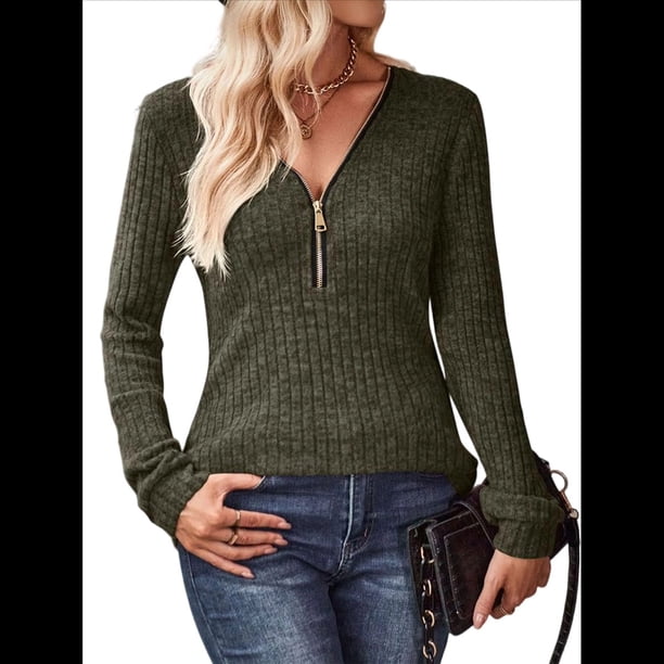 Suéter Holgado de Punto Acanalado con Cuello de Media Cremallera para Mujer, Blusas Casuales de Larga de Color Liso, Blusas Cómodas y Cálidas Verde XXL