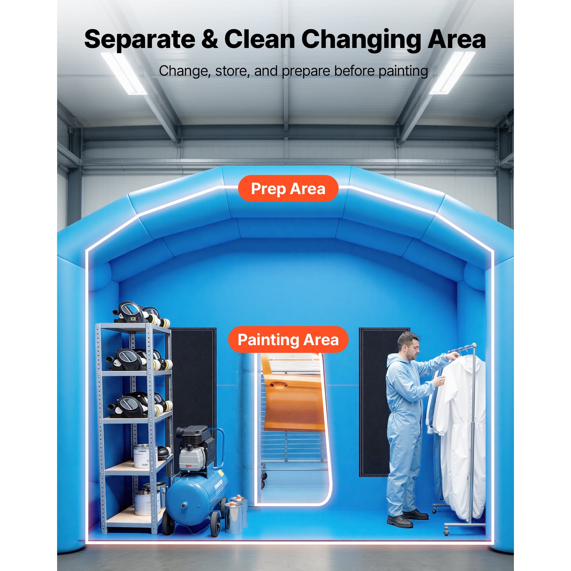 KFFKFF Inflatable Paint Booth, 30 x 16 x 12 ft, Portable Spray Tent with 750W+950W Blowers, Large Filters, Changing Area, Arched Roof for Full-Size Trucks and Small Boats, Blue