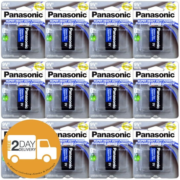 12 Pack Size 9V Panasonic Batteries Super Heavy Duty Power Zinc Carbon 9 Volt Battery