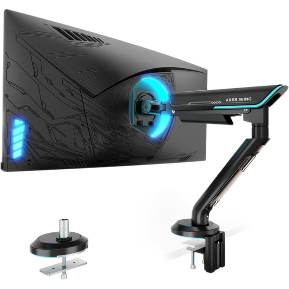 ARES WING Single Monitor Mount for 24–57“ Ultrawide Screens, Heavy Duty Gaming Monitor Arm Holds Up to 60 lb, Fully Adjustable Tilt, Swivel & Rotation, VESA 75x75 to 200x200, Clamp & Grommet Desk Mo