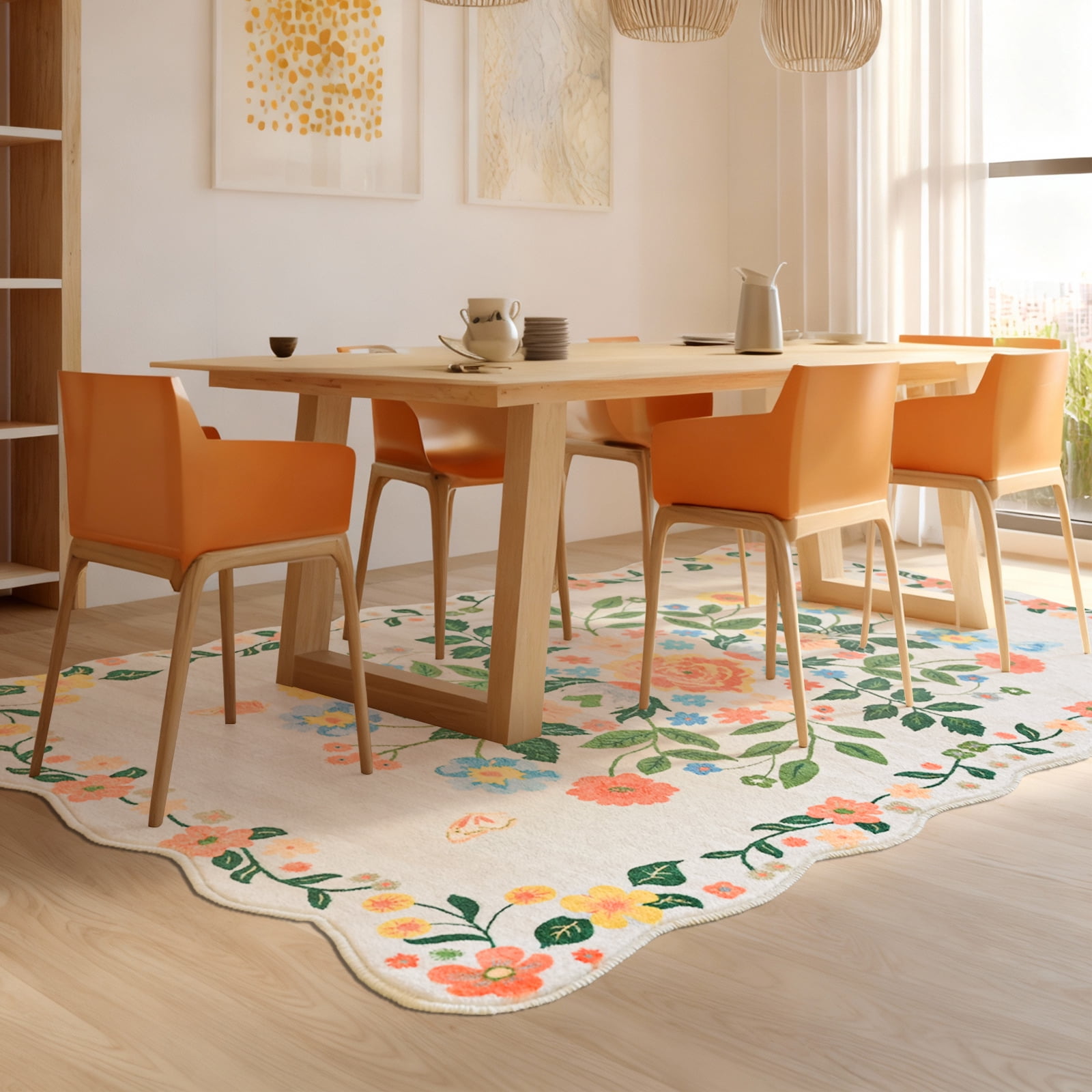 Pentantan Floral Area Rugs 8'x10', Machine Washable Rug for Living Room Non-Slip Vintage Soft Indoor Carpet for Bedroom, Dining Room, Playroom, Office, Beige