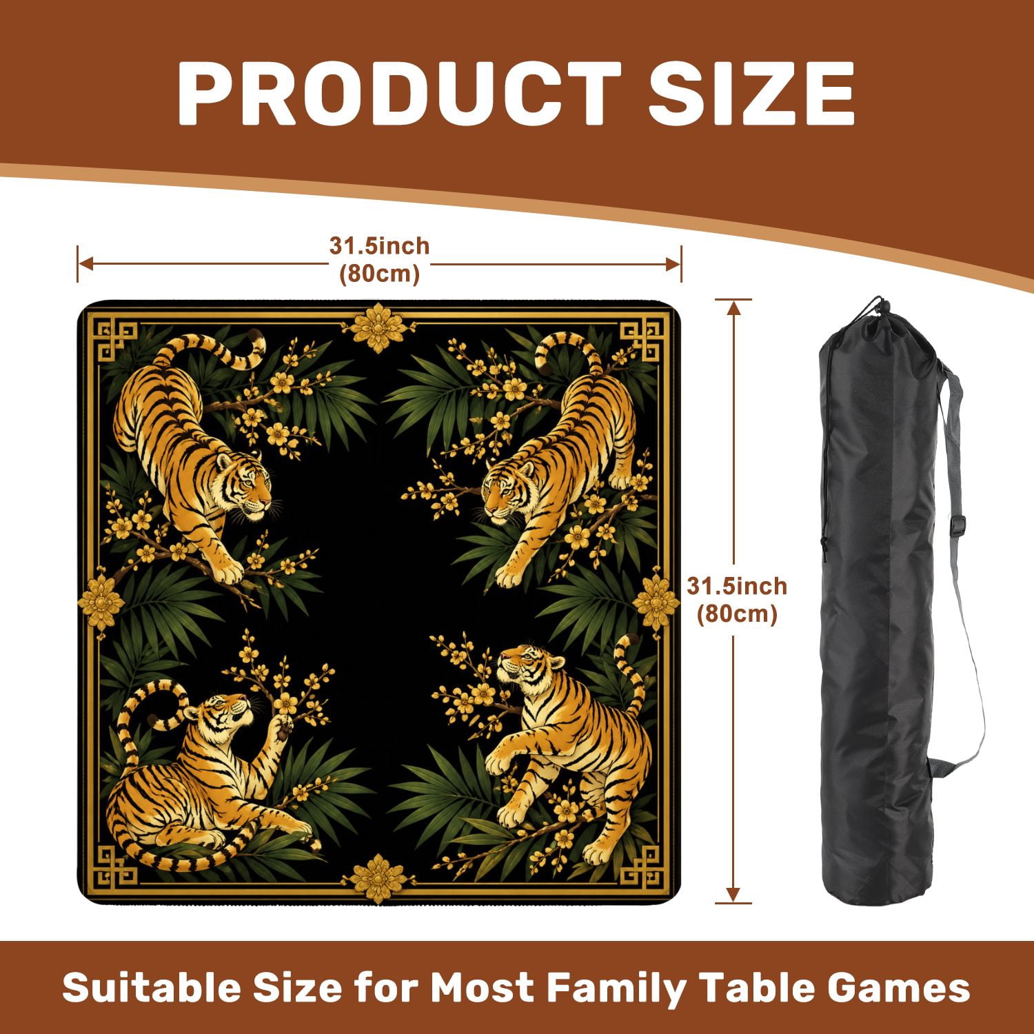 Mahjong Mat 31.5" x 31.5" Golden Tigers Tropical Leaves Blossoms Black Non-Slip Noise Reduction American Mahjong Tiles Table Cover for Dominoes Poker Card Board Games Gift