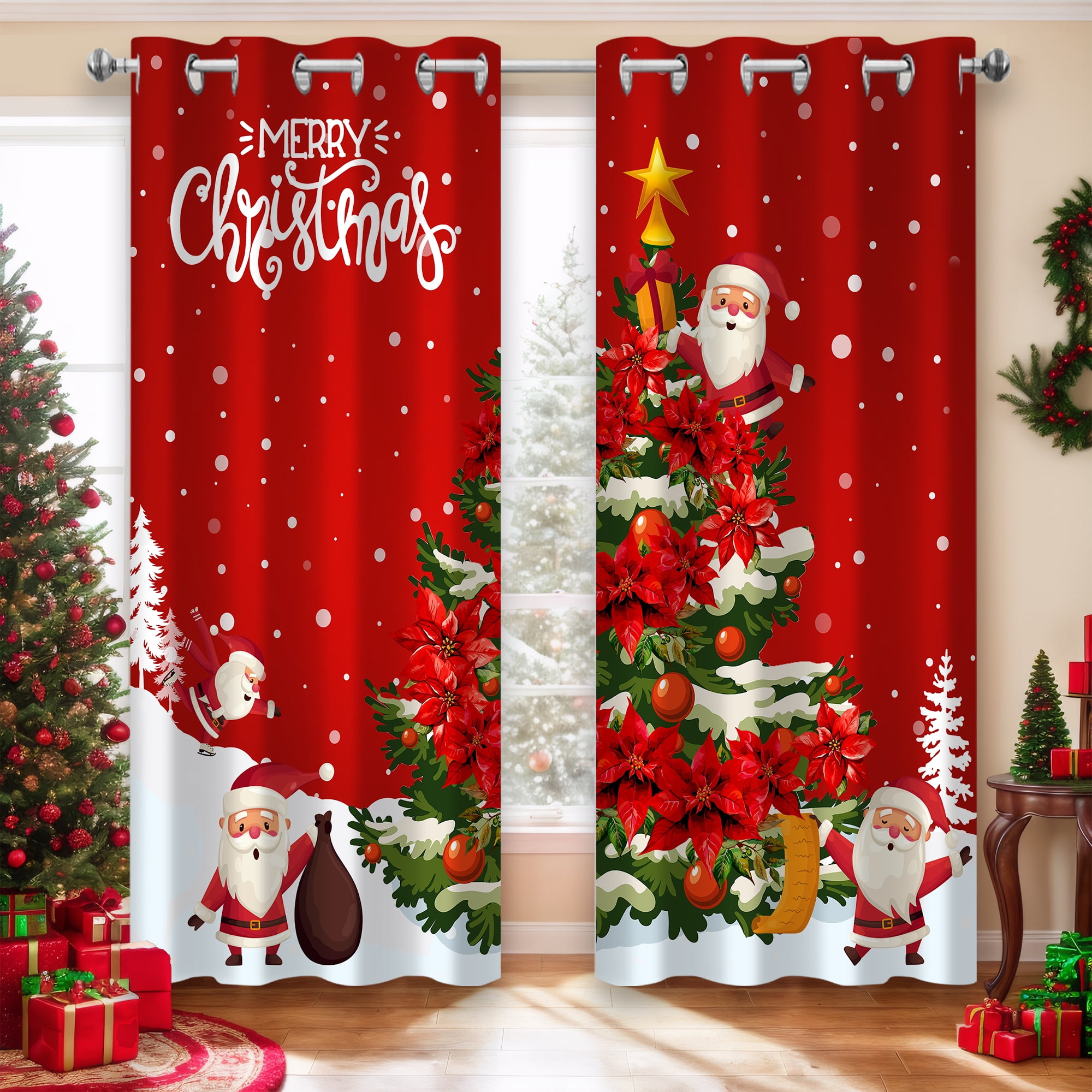 Christmas Santa Claus Black Out Window Curtains, Xmas Tree Gift Winter Snowflake Decor for Bedroom, Living Room, Grommet Window Drapes 2 Panel Set, 52"x84"
