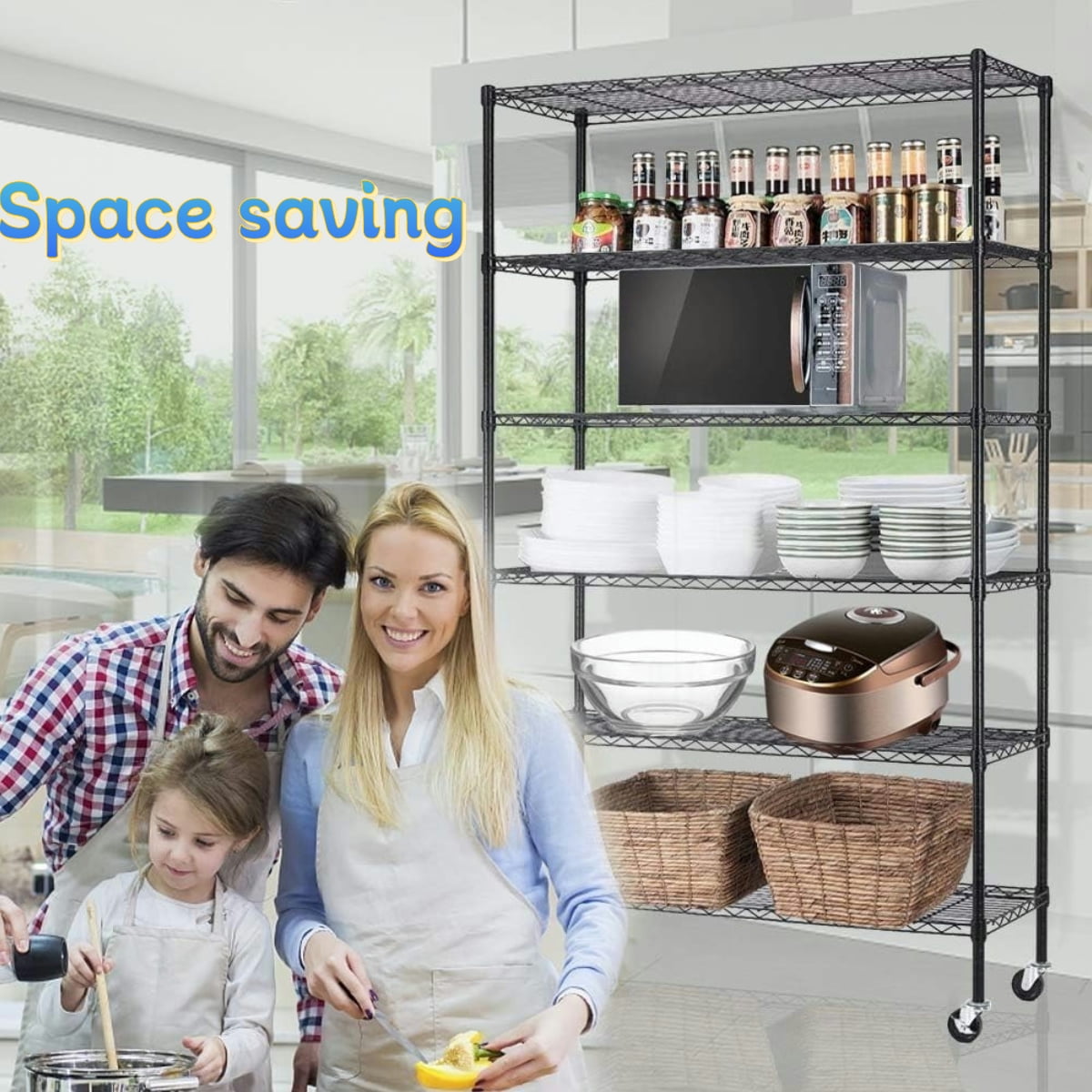 XF XINFENG 6 Tier Storage Shelves Adjustable Wire Shelving Heavy Duty Metal Shelves with Wheels 2100 lbs Capacity,Black
