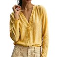 thumbnail image 3 of Women Solid Color V Neck Cotton Linen Blouse,Roll Up Long Sleeve Loose Bohemian Casual Shirt,Lightweight Breathable Basic Top for Daily Leisure,Travel Spring Summer 2026 Outfits Yellow XXL, 3 of 6